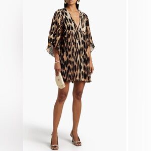 GANNI Pleated Georgette v neck kaftan Oversized Mini Dress Leopard XS